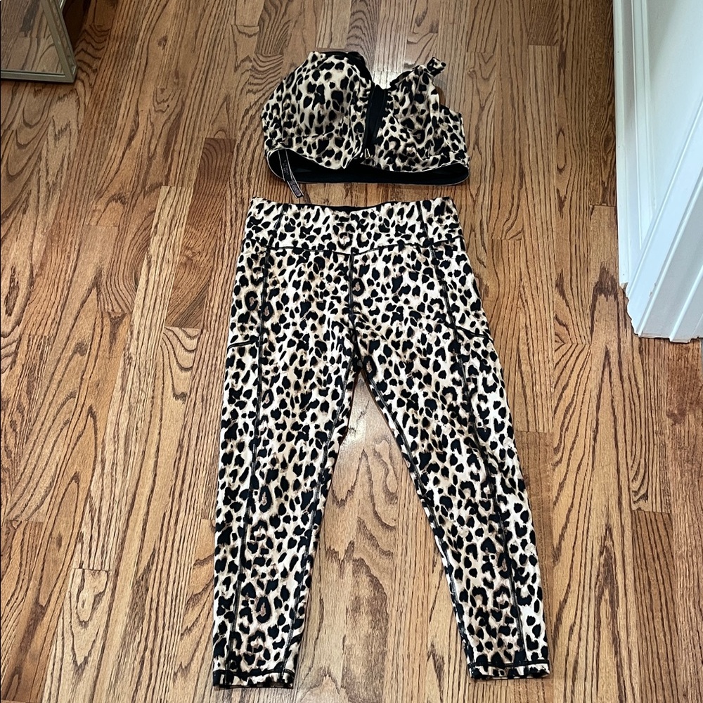 Victoria's Secret Beige and Black Leopard Print Leggings & Sports Bra Set